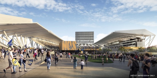Artist’s impression of North Queensland Stadium's northern entry plaza showing families and friends arriving and using the grassed area and public space before an event