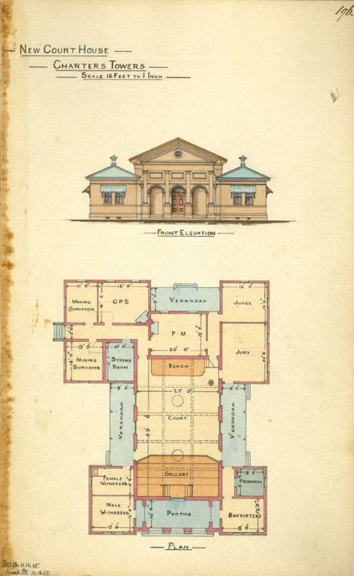 Architectural drawing of a new courthouse, Charters Towers, 1885