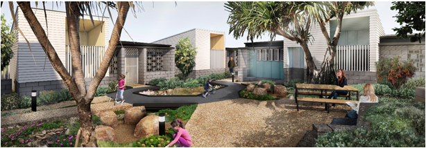 A demonstration project showing dwellings around a shared courtyard with table, seating a play areas in a garden setting.