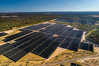 Solar panels at Columboola Solar Farm, located in the Western Downs. This solar farm produces enough clean energy to power 100,000 homes.