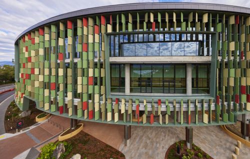 Wharf Street façade featuring coloured sun blades 